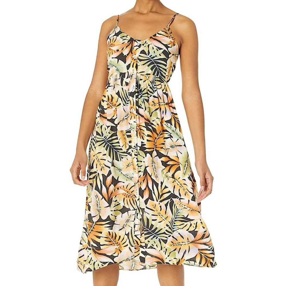 Billabong Venice Floral Leaf Print Dress Button Front Sleeveless Smocked Small